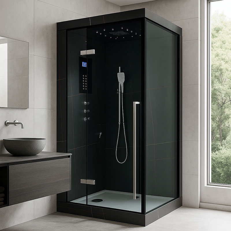 Hamam Marble Black left hand in bathroom1 | Santeco Kotikylpylä Höyrysuihku Hamam Marble IV Black 1