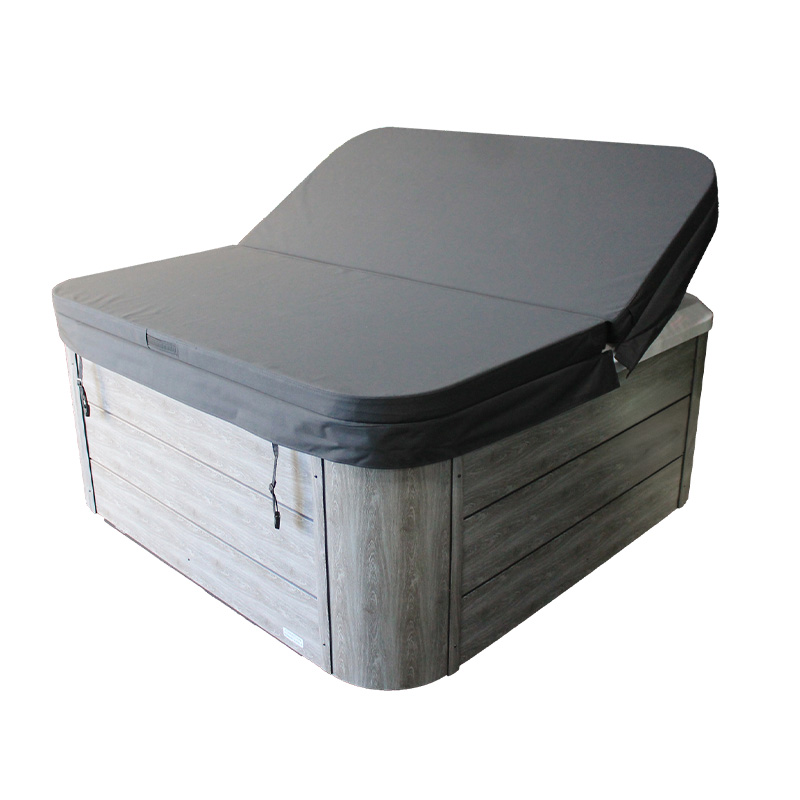 Basseini termokate 214x2142 | Santeco Kotikylpylä Wooden hot tub with a gray hinged lid partially open showing a weathered exterior on a light background of white